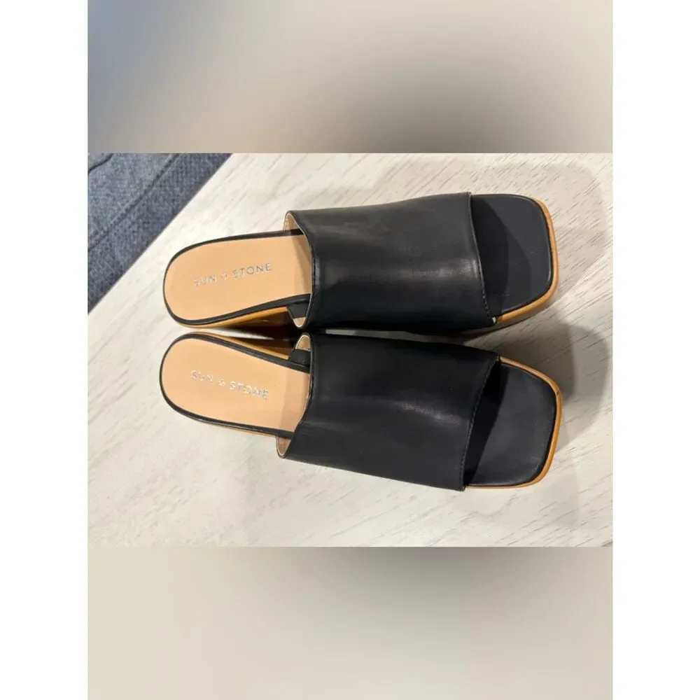 Sun + Stone Black Platform Mule Sandals with Tan Wood-Look Heel